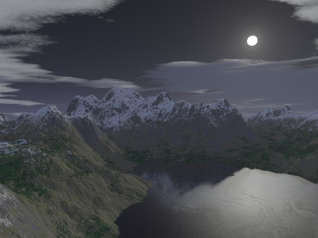 scene_moon1.bmp - Trying to decrease the illumination of the sun to make it look like a moon lit scene.  I love the semi-random patterns in the water that Terragen allows you to cusomize, and they really stand out with the light source reflection reduced for this.  I still think this is too light.